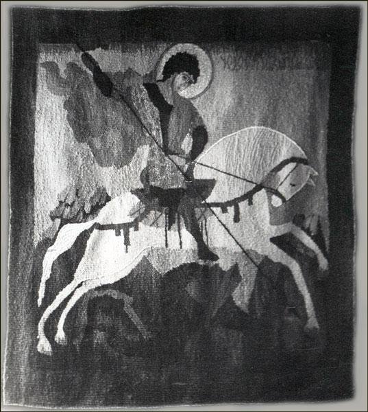 «Георгий Победоносец», гобелен из натуральной шерсти, 2 / 2,5 м, 1986 г. (старое чёрно-белое фото). Сейчас находится в Свято-Даниловом монастыре (Москва)