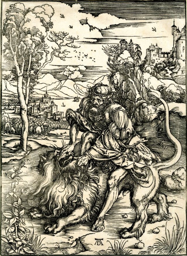 Дюрер. "Самсон, разрывающий льва". 1498